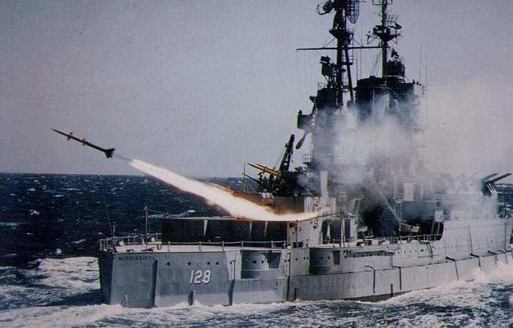 MISSISSIPPI helped launch the Navy into the age of guided-missiles when she successfully test fired a Terrier missile in early 1953.