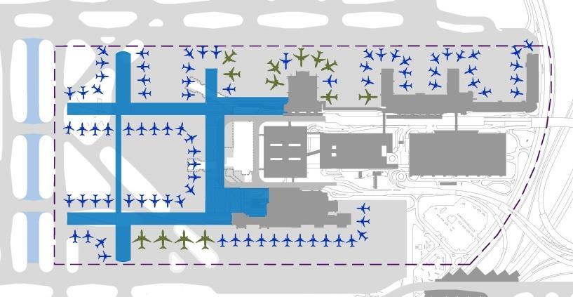 west Targets balance with practical airfield capacity Concept 5 RON Concept 6 Note: New south side gates in Concourse G West extension