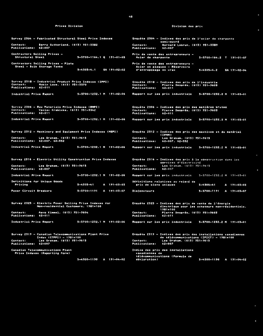 2304 - Indices des prix de l'acier de charpento semi-ouvrã Contact: Bernard Lobrun, (613) 951-3389 Publications: 62-007 Prix do vente des entrepreneurs - Acier de charpente 5-3700-164.