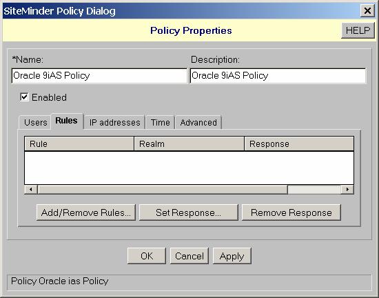 An example SiteMinder Policy with the Rules Tab selected is shown below.