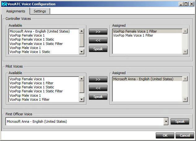 Setting up the Voices VoxATC will use Assignments The voices that VoxATC will use can be selected by running 'Voice Configuration' from the VoxATC program menu (see above).