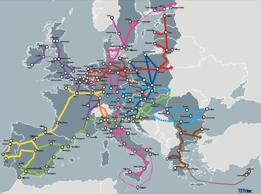 Transport Infrastructure: Today Core Corridors TEN-T (Reg. 1315/2013 on TEN-T and Reg. 1316/2013 on CEF) EU Countries: 9 CORE TEN-T CORRIDORS (2014 2020/2030): 1. Scandinavian-Mediterranean 2.