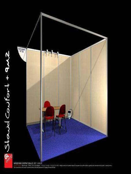 STAND FITTING Your indoor stand is a multiple of 9 m². The minimum size is 9 m² for a single booth, but your company may need some more surface, therefore double booth are also available.