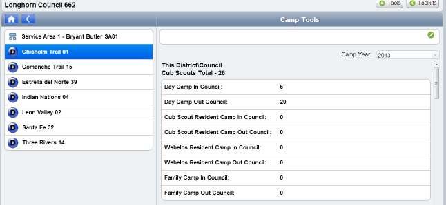 On the right-hand side of the screen above, the current camping data for the district is displayed (Note that there is a scroll bar to the right of the camping data that is used to access the full