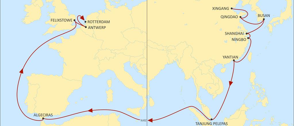 ASIA NORTH EUROPE SWAN WESTBOUND Best product from Central & North China to Felixstowe Great connections from North China and South Korea to Antwerp hub.