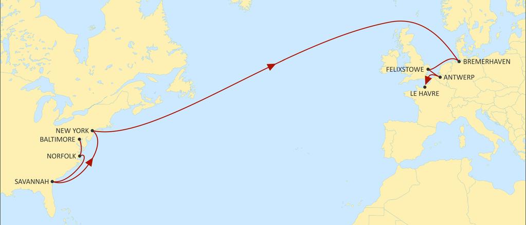 TRANSATLANTIC NORTH EUROPE NEUATL2 EASTBOUND New call from Wilmington Additional Eastbound call from Savannah Market leading transit times ex USA East Coast 2M network supplemented with additional