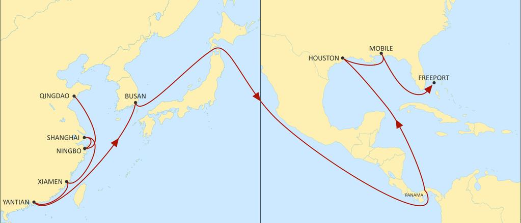 ASIA TO USA EAST COAST LONE STAR EXPRESS EASTBOUND An express direct US Gulf service through Panama, linking North, Central, South China and South Korea with Houston and Mobile, allowing for