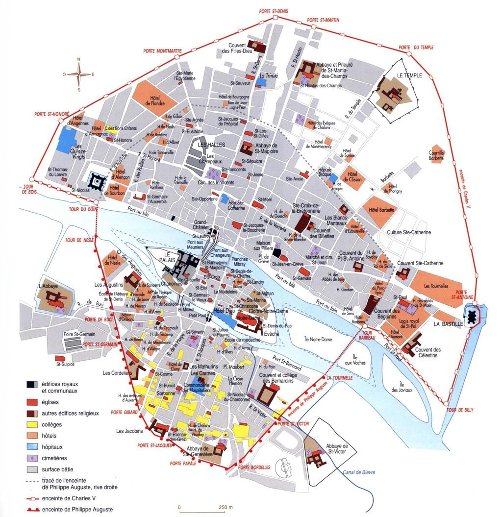All areas in color show the parts of this map of medieval Paris that were occupied by buildings, or gardens. The wall of Philip Auguste on the south bank remains in tact.