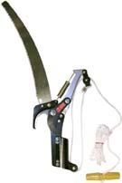 deluxe head with 3 pulleys reduce effort required Teflon coated blade steel head 12" pruning saw included 11'6" fiberglass pole is non-conductive for safety 2 sections lock in place with clamp