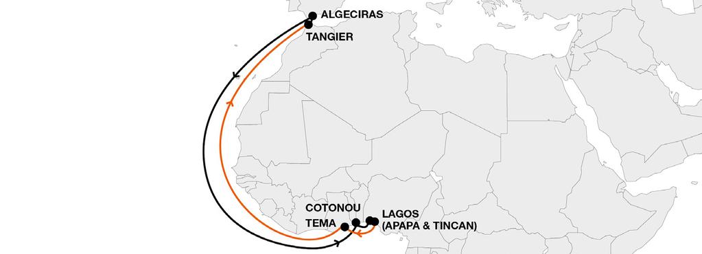 West Africa Europe MWX Mediterranean West Africa Express Weekly direct service between HL hubs and major West African ports Double call in Lagos (Apapa &
