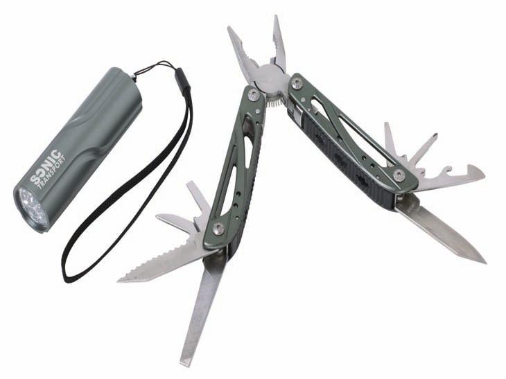 This multitool includes mini pliers, wire cutter, bottle opener, small knife, serrated blade,