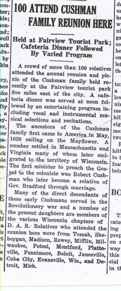 Wisconsin August 25, 1932, Evansville Review, p. 1, col. 4, Evansville, Mr. and Mrs. Noble Cushman, Wayland Cushman, Mrs.