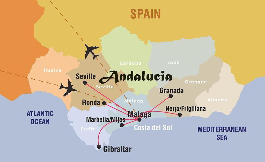 The region occupies the entire southern Iberian Peninsula, including the provinces of Almería, Cádiz, Córdoba, Granada, Huelva, Jaén, Málaga, and Seville.