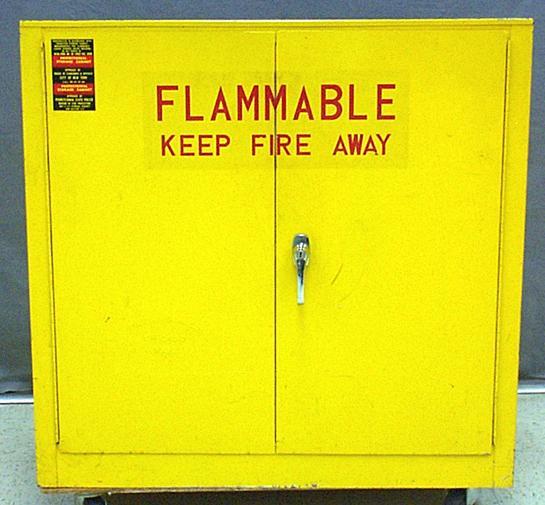Storage Cabinets Not more than 60 gal of Class I and/or Class II liquids, or not more than 120 gal of Class III liquids permitted in a cabinet Must be conspicuously labeled, Flammable - Keep Fire