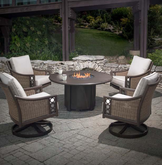 match ignition, and easy slide out LP tank access. An innovative fire pit cover sits flush to the surface, seamlessly creating a chat table.