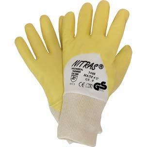Nitrile Gloves YELLOW NITRILE GLOVE 3400X PREMIUM Hand Protection Premium Nitrile gloves, white, bleached, nitrile coating, ¾-coated, yellow, on cotton interlock, knitted wrist, TÜV/GS-certified