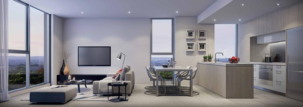 EACH RESIDENCE FEATURES FULL HEIGHT FLOOR TO CEILING GLASS, ALLOWING NATURAL LIGHT TO FILTER THROUGH. Artist s impression indicative only.