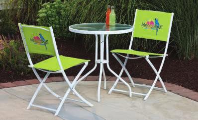 Set Includes: 4 FOLDING CHAIRS 34"W x 21"D x 17"H GLASS- TOP TABLE 33"W x 40"L x 28"H 6' PUSH-UP UMBRELLA MARGARITAVILLE FOLDING CHAIR This vibrant chair reclines to four