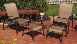SLING CHAT SET Includes a glass-top table, 2 adjustable back sling armchairs 800313 $19.99 and 2 ottomans. Chair supports 250 lb.