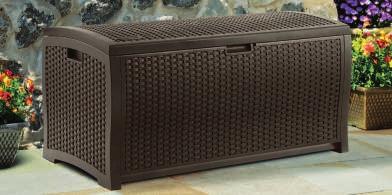 RESIN WICKER DECK BOX Stay-dry design is ideal for storing cushions, pool toys, or