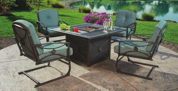 CHAMPLAIN CHAT SET Champlain Cushion Fabric A center table housing a gas fire pit is the centerpiece of this luxury Champlain set.