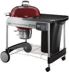 22" PERFORMER CHARCOAL GRILL 363 sq. in. total cooking area. Porcelain-enameled bowl and lid. Heavy-duty steel cart frame. Painted, metal fold-down table. Gourmet BBQ System hinged cooking grate.
