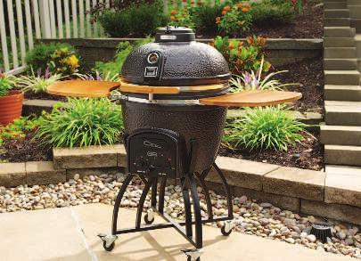 LARGE KAMADO CHARCOAL GRILL Two-tiered 596 sq. in. (total) stainless steel dual flip grates with handles for easy addition of charcoal.