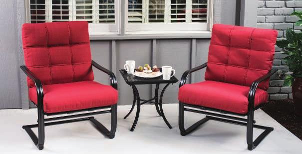 RIVIERA CHAT SET Riviera Cushion Fabric Brilliant red cushions with a square pattern back lay atop spring-motion chairs on