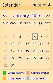 Kalendar Ovaj blok omogućuje korisniku da rasporedi značajne događaje, u skladu sa izveštajem: o Sajt (programi koji se mogu videti sa svih kurseva- a koje je kreirao administrativni korisnik) o Kurs