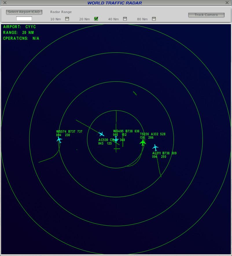 3.7 Using the Radar World Traffic comes with a Radar display so you can see all flights in your area. Press the key you defined to display the Radar that as described in section 2.