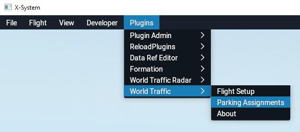 World Traffic Parking Assignments menu available from the X-Plane plugins menu.