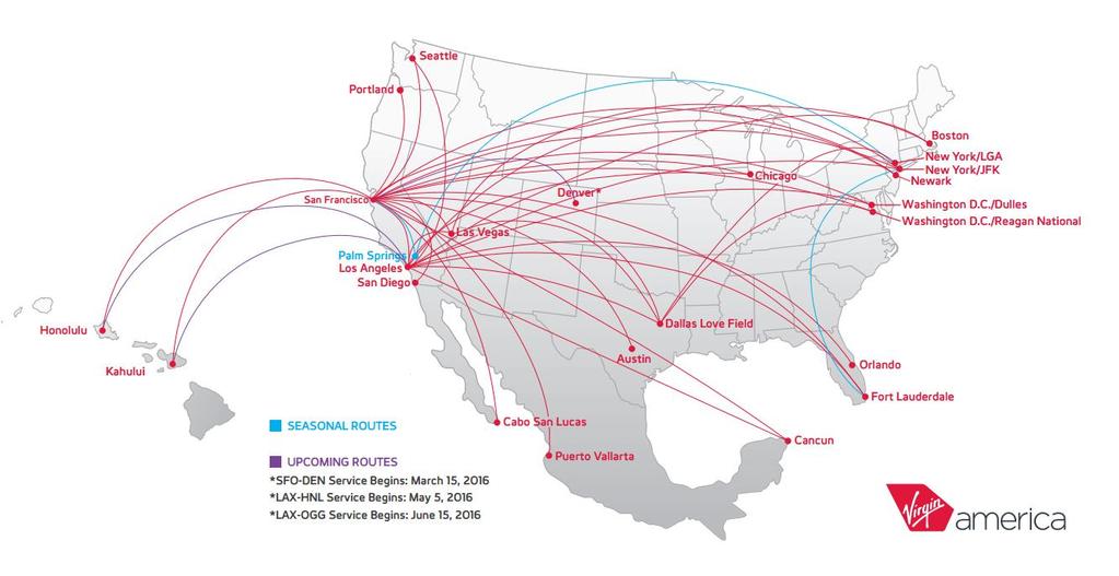VIRGIN AMERICA AT A GLANCE ROUTE NETWORK (1) HIGHLIGHTS FOCUS CITIES SFO (13% share) and LAX (7% share) (2) FLEET 58 Airbus A320 family (1) REVENUE $1,530 million (3) ASM DISTRIBUTION (3) EBITDAR (4)