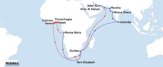 MIDAS 1 PORT Durban Pointe Noire Apapa Tincan Cotonou Tema (T/ T ) 11 20 25 27 29 31 Service Particulars Average Vessel