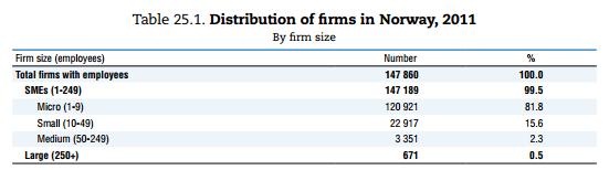 Според оваа дефиниција во Норвешка се околу 96% мали и средни претпријатија. Само 3,718 норвешки компании се големи, што значи дека тие вработуваат повеќе од 100 вработени.