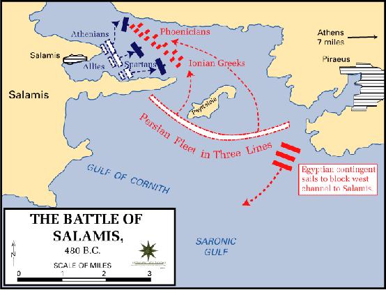 PHASE V: SALAMIS [480 BCE] The Greek commander, Themistocles, lured the Persian fleet into the narrow waters of the strait at Salamis, where the Persian ships had difficulty maneuvering.
