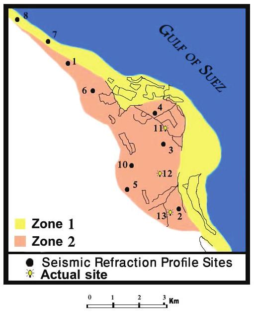 Regarding to the pervious classification for the earthquake intensity; the numerical simulation takes site No (9) from zone (1), and site No (8) from zone (2) Figure 5: Sites locations which coved