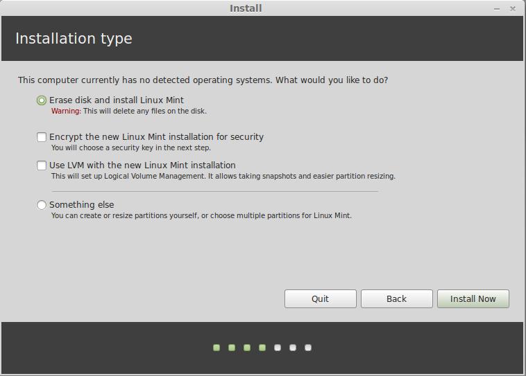 Na sledećem ekranu pravite izbor da li se Linux Mint instalira na ceo hard disk ili pored nekih drugih operativnih sistema.