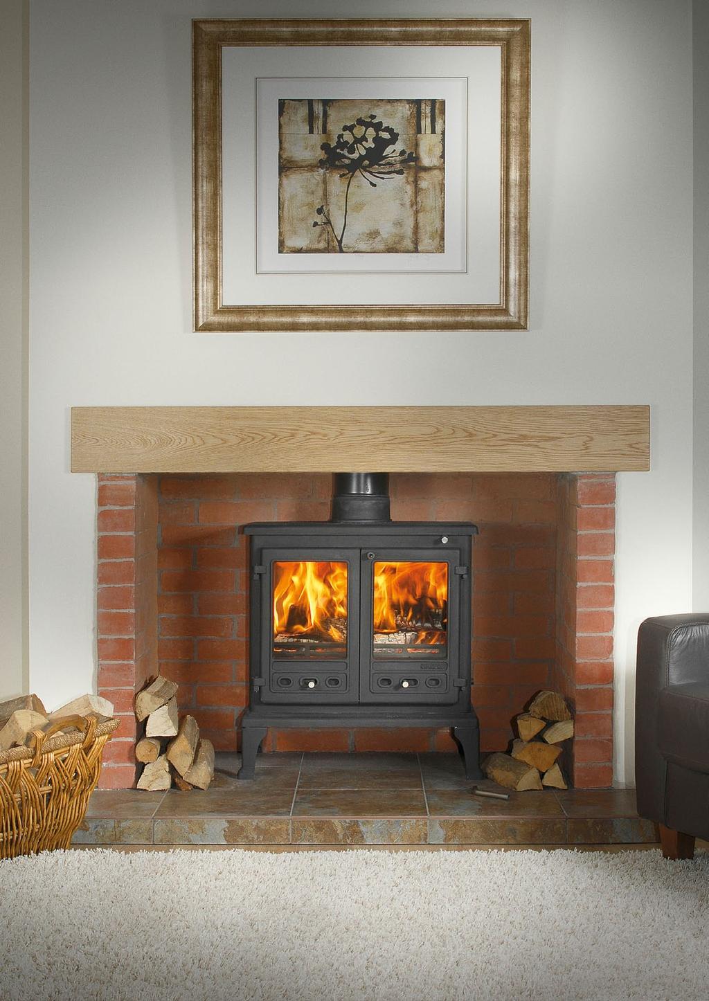 STOVE MANTEL: SOLID OAK BEAM, CHAMBER: red