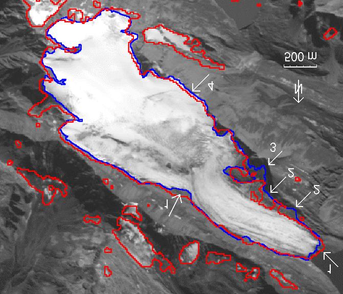 Figure 4. Gries Glacier with a manually created outline (blue) on a SPOT Pan scene from 17.9.1992. Superimposed is the TM derived glacier outline (red) from 30.9.1985. See text for numbers.