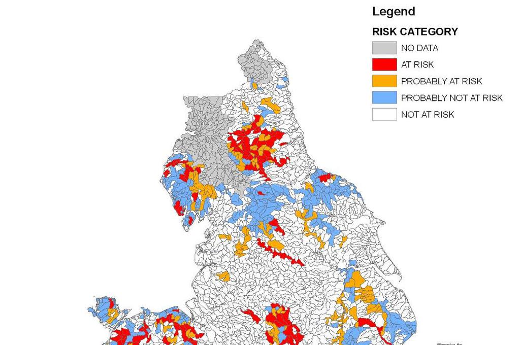 Karta prikazuje slivove Engleske i Velsa: osetlјivi ("pod rizikom i "verovatno u riziku") od konatminacije metala nastalim taloženjem tokom vađenja ruda (Environment Agency, 2008).