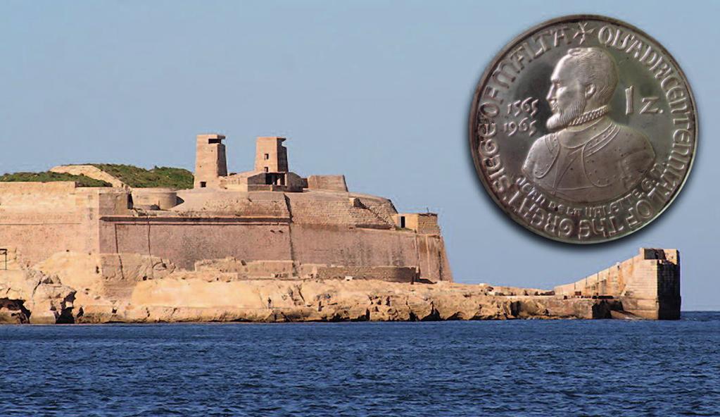 Fort St Elmo, guarding the entrance to Grand Harbour, Malta. (Wikimedia Commons). Inset pic: Reverse of a 1 Zecchino coin issued by the Order of St John of Jerusalem in 1965.