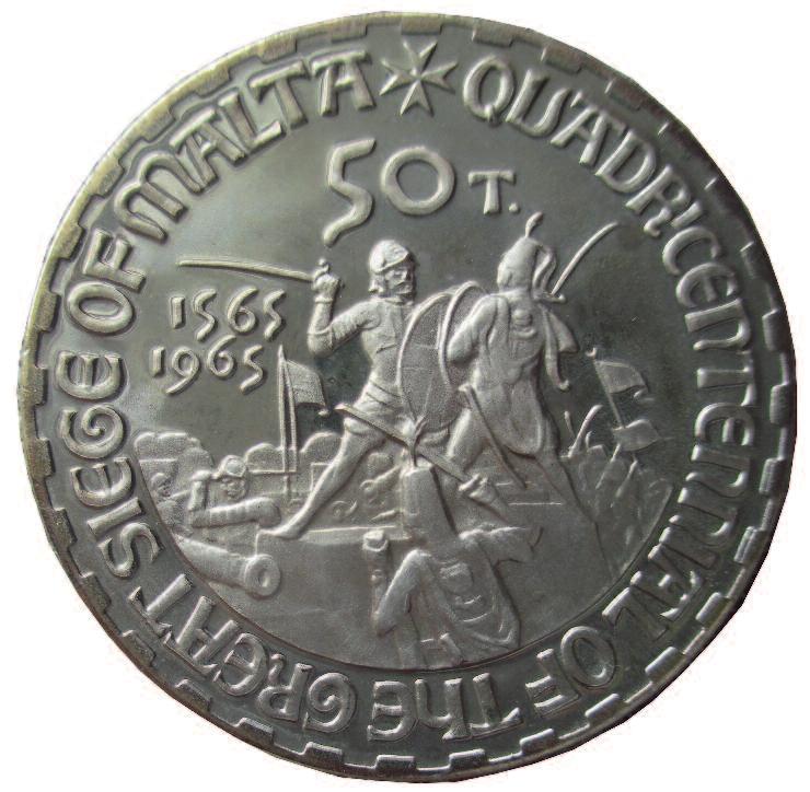 Figure 9 Reverse of a 50 Tari coin issued by the Order of St John of Jerusalem in 1965. Diameter 32 mms.. It shows the Turkish soldiers breaking in to the fortress of St Angelo.