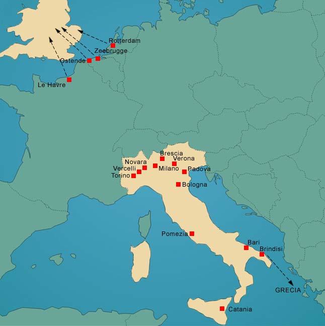 Traffic Italy-Great Britain SHORT SEA CONNECTIONS via: ZEEBRUGGE & OSTENDE (see Belgium schedule) LE HAVRE (see France schedule) ROTTERDAM (see Holland schedule) Connections available with all the