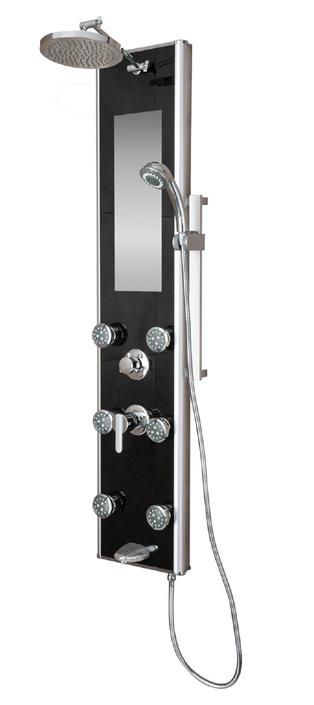 Aloha Shower System Aloha Shower System includes a durable brushed stainless steel face, chrome fixtures, 8 rain showerhead, 2 pulsating body jets, and multi-function
