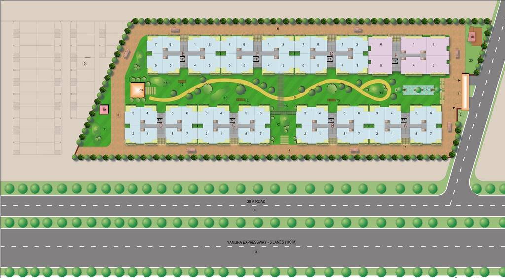 SITE LAYOUT NOT TO SCALE LEGEND 1 ENTRY-EXIT GATE 2 OUTSIDE REST AREA 3 YAMUNA EXPRESSWAY 4 SERVICE ROAD 30M.