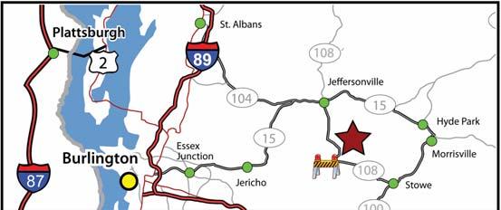 From St. Albans: From I-89 and St. Albans State Hwy, head south on VT-104 S/Fairfax Rd. for 18 miles. Turn left on Route 15E for 3.0 miles. Turn right onto Church St. at Jeffersonville.