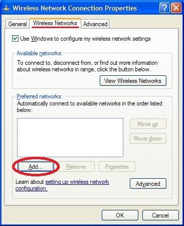 U okviru tab-a Wireless networks kliknite na dugme Add (kao na slici).