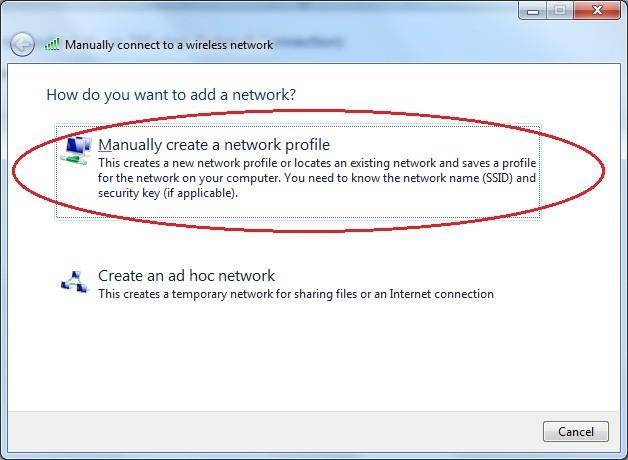 Kliknite na Manually create a network profile.