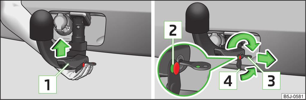 Pre ugradnje šipke sa kukom, podesite položaj pripravnosti. Okrenite ključ tako da bude vidljiva crvena oznaka 1» Slika 119. Uhvatite šipku sa kukom ispod zaštitnog poklopca 2.