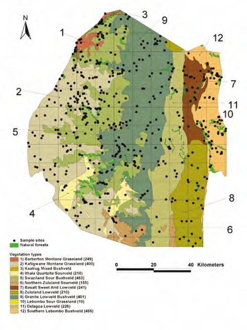 Map 1. Map showing Swaziland vegetation (Dobson & Lotter, 2004) with natural forests (Mucina et al.
